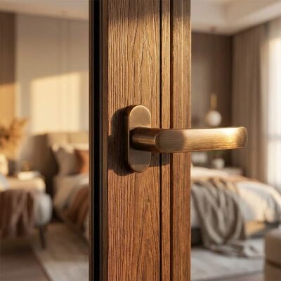 Phối đồng bộ tay nắm màu đồng hoặc nâu đen với hệ nhôm giả gỗ để tôn lên vẻ sang trọng, ấm cúng.